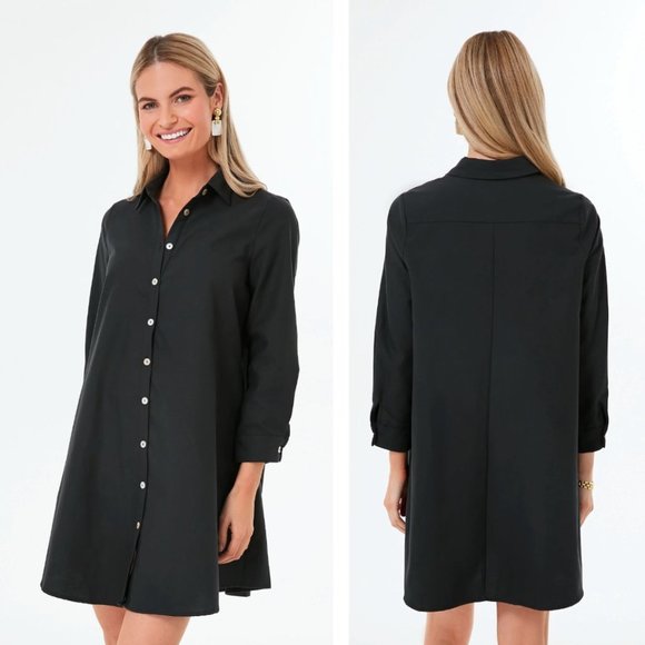 Pomander Place Black Oxford Harris Shirt Dress Neutral Quiet Luxury - Picture 1 of 7
